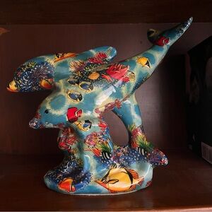 Vintage Art Deco Dolphin Duo Figureine. Underwater graphics under a glaze.